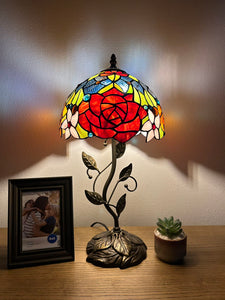 Enjoy Tiffany Style Table Lamp Stained Glass Rose Flowers Include LED Bulb ET1004-B H21*W10 In