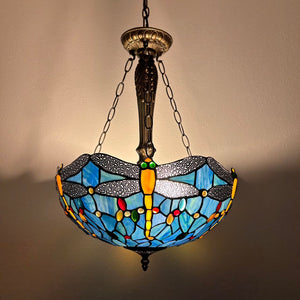 Tiffany Style Ceiling Lights Hanging Lamp Blue Stained Glass Dragonfly LED Bulb Included EP1602