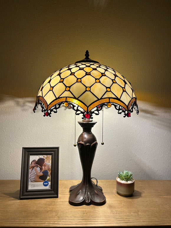 Enjoy Tiffany Style Table Lamp Beige Stained Glass Crystal Bean Vintage ET1623