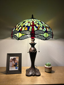 Enjoy Tiffany Style Table Lamp Jade Green Stained Glass Dragonfly Vintage ET1612