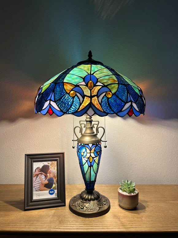 Tiffany Style Table Lamp Blue Stained Glass Included LED Bulbs Mother-Daughter Vase Vintage Liaison Lamp for Living Room Dining Room Bedroom Bedside Office Hotel H24*W16 in…