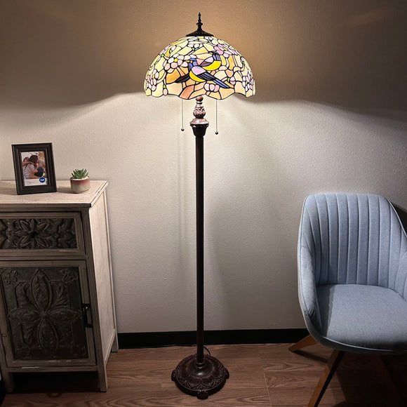 Enjoy Decor Lamps Tiffany Style Floor Lamp Stained Glass Magpie Birds Cherry Blossoms Vintage EF1635