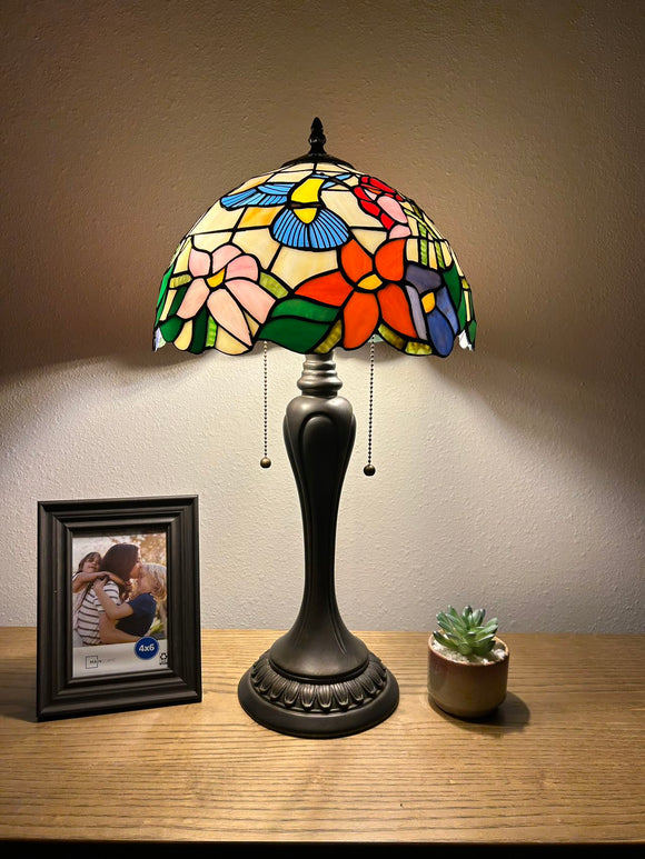 Tiffany Style Table Lamp Hummingbird Flower Stained Glass Vintage ET1258