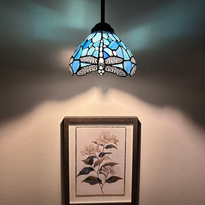 Tiffany Style Mini Hanging Lamp Blue Stained Glass Dragonfly LED bulb Included EP0807