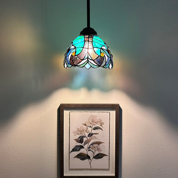 Tiffany Style Mini Hanging Lamp Green Brown Stained Glass LED Bulb Included EP0838