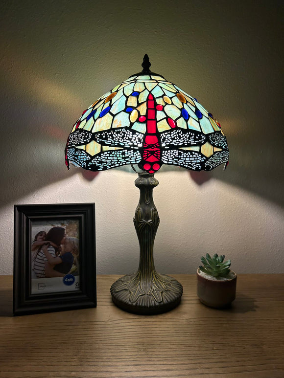 Tiffany style table lamp jade green stained glass dragonfly ET1212