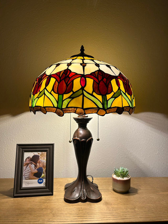 Enjoy Tiffany Style Table Lamp Stained Glass Tulips Red Vintage ET1660