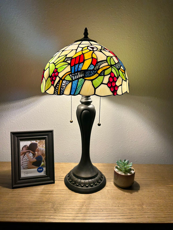 Enjoy Tiffany Style Table Lamp Parrots Grape Stained Glass Vintage H22*W12 Inch ET1273