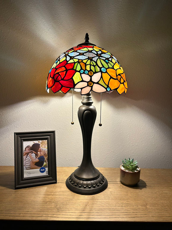 Enjoy Tiffany Style Table Lamp Stained Glass Rose Flowers Vintage H22*W12 In  ET1204-B