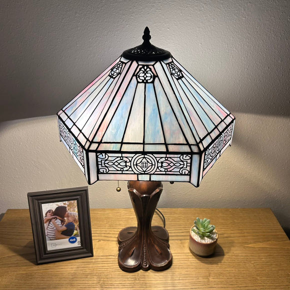 Tiffany Style Table Lamp Sky Color Stained Glass Hexagon Vintage ET1644