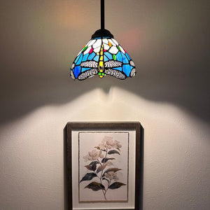 Tiffany Style Mini Hanging Lamp Blue Stained Glass Dragonfly LED bulb Included EP0861