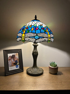 Tiffany Style Table Lamp Blue Stained Glass Dragonfly 12"W*12"D*19"H