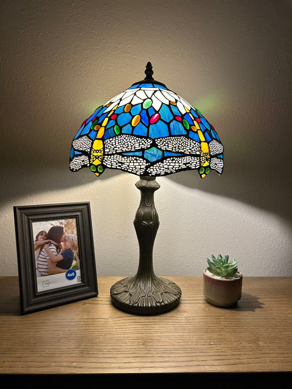 Tiffany Style Table Lamp Blue Stained Glass Dragonfly 12