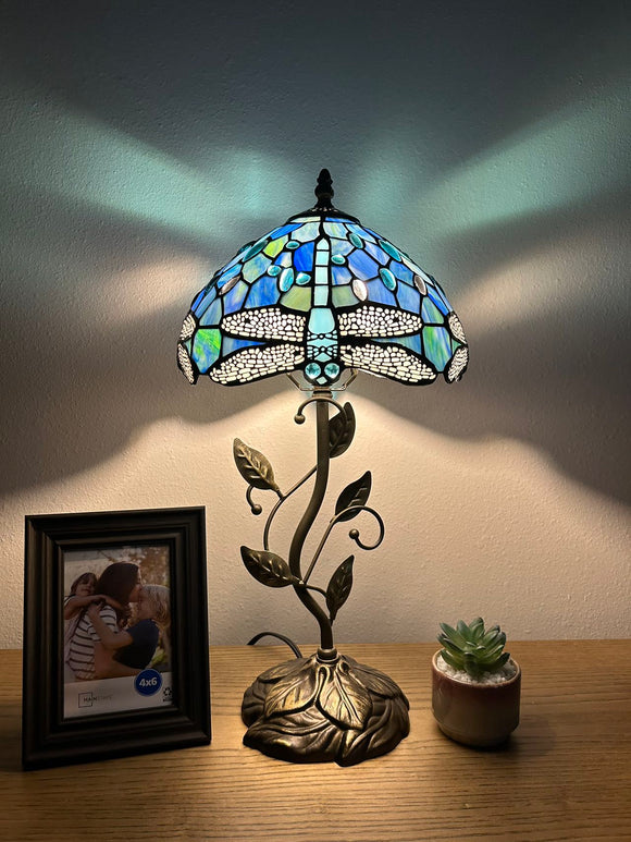 Enjoy Tiffany Style Table Lamp Blue Stained Glass Dragonfly Include LED Bulb ET1008 H21*W10 In