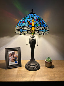 Enjoy Tiffany Style Table Lamp Sky Blue Stained Glass Dragonfly Vintage 22”H12”W