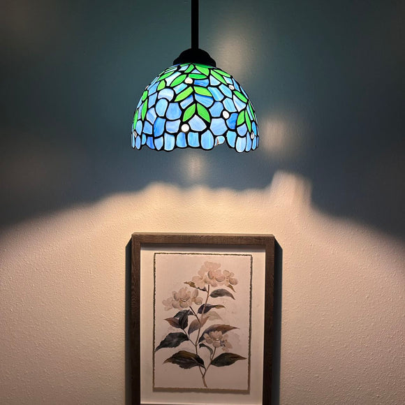 Tiffany Style Mini Hanging Lamp Blue Stained Glass Green Leaves LED Bulb Included EP0851