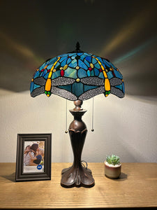 Enjoy Tiffany Style Table Lamp Dragonfly Blue Stained Glass Vintage 24"H16"W  ET1601