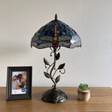 Tiffany Style Table Lamp Blue Stained Glass Dragonfly Include LED Bulb H22*W12 In