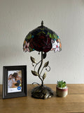 Enjoy Tiffany Style Table Lamp Stained Glass Rose Flowers Include LED Bulb ET1004-B H21*W10 In