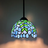 Tiffany Style Mini Hanging Lamp Blue Stained Glass Green Leaves LED Bulb Included EP0851