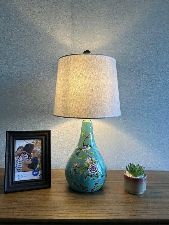 Ceramic Table Lamp Bird Flowers Blue for Living Room Dining Room Bedroom Bedside Office Hotel H20*W10 Inches
