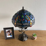 Tiffany Style Table Lamp Blue Stained Glass Dragonfly Include LED Bulb H22*W12 In