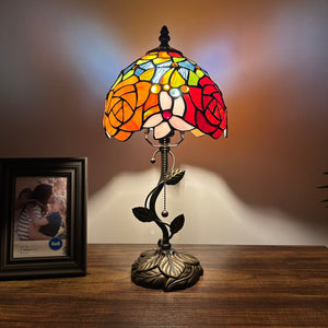 Tiffany Style Table Lamp Red Orange Stained Glass Rose Flowers LED Bulb Included 8"W*8"D*16"H