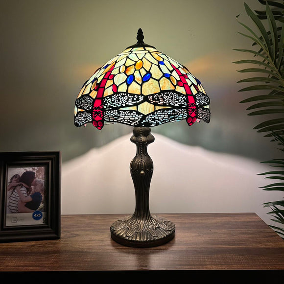 Tiffany style table lamp Jade Green stained glass dragonfly 12