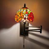 Tiffany Style Swing Arm Wall Sconce Lamp Stained Glass Rose Flowers LED Bulb Included EW0803