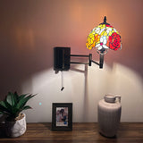 Tiffany Style Swing Arm Wall Sconce Lamp Stained Glass Rose Flowers LED Bulb Included EW0803