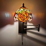 Tiffany Style Swing Arm Wall Sconce Lamp Stained Glass Rose Flowers LED Bulb Included EW0803