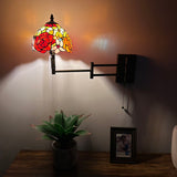 Tiffany Style Swing Arm Wall Sconce Lamp Stained Glass Rose Flowers LED Bulb Included EW0803