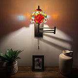 Tiffany Style Swing Arm Wall Sconce Lamp Stained Glass Rose Flowers LED Bulb Included EW0803