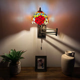 Tiffany Style Swing Arm Wall Sconce Lamp Stained Glass Rose Flowers LED Bulb Included EW0803-B