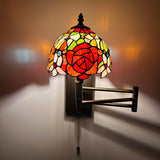 Tiffany Style Swing Arm Wall Sconce Lamp Stained Glass Rose Flowers LED Bulb Included EW0803