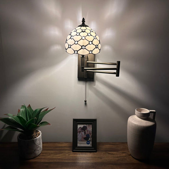 Tiffany Style Swing Arm Wall Sconce Lamp White Stained Glass Crystal Beans LED Bulb Included EW0805