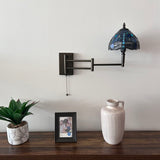 Tiffany Style Swing Arm Wall Sconce Lamp Blue Stained Glass Dragonfly LED Bulb Included EW0807
