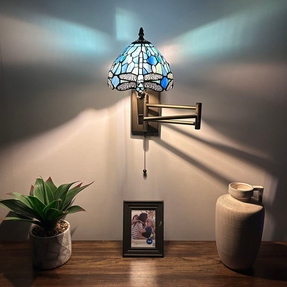 Tiffany Style Swing Arm Wall Sconce Lamp Blue Stained Glass Dragonfly LED Bulb Included EW0807