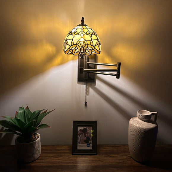 Tiffany Style Swing Arm Wall Sconce Lamp Gold Stained Glass Baroque Style LED Bulb Included EW0849