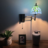 Tiffany Style Swing Arm Wall Sconce Lamp Blue Stained Glass Green Leaves LED Bulb Included EW0851
