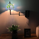 Tiffany Style Swing Arm Wall Sconce Lamp Blue Stained Glass Green Leaves LED Bulb Included EW0851