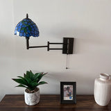 Tiffany Style Swing Arm Wall Sconce Lamp Blue Stained Glass Green Leaves LED Bulb Included EW0851