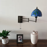 Tiffany Style Swing Arm Wall Sconce Lamp Blue Stained Glass Green Leaves LED Bulb Included EW0851