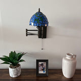 Tiffany Style Swing Arm Wall Sconce Lamp Blue Stained Glass Green Leaves LED Bulb Included EW0851