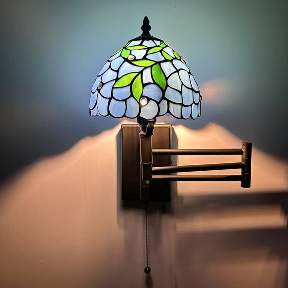 Tiffany Style Swing Arm Wall Sconce Lamp Blue Stained Glass Green Leaves LED Bulb Included EW0851