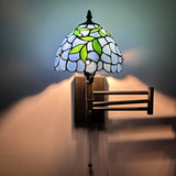 Tiffany Style Swing Arm Wall Sconce Lamp Blue Stained Glass Green Leaves LED Bulb Included EW0851