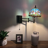 Tiffany Style Swing Arm Wall Sconce Lamp Blue Stained Glass Tulips LED Bulb Included EW0855