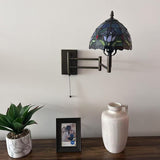 Tiffany Style Swing Arm Wall Sconce Lamp Blue Stained Glass Tulips LED Bulb Included EW0855