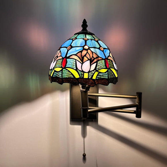 Tiffany Style Swing Arm Wall Sconce Lamp Blue Stained Glass Tulips LED Bulb Included EW0855