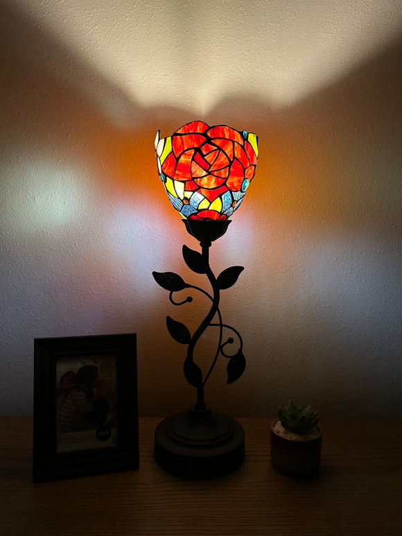 Tiffany Style torch table lamp Stained Glass Rose Flowers USB ports included LED bulb H20*W6 in